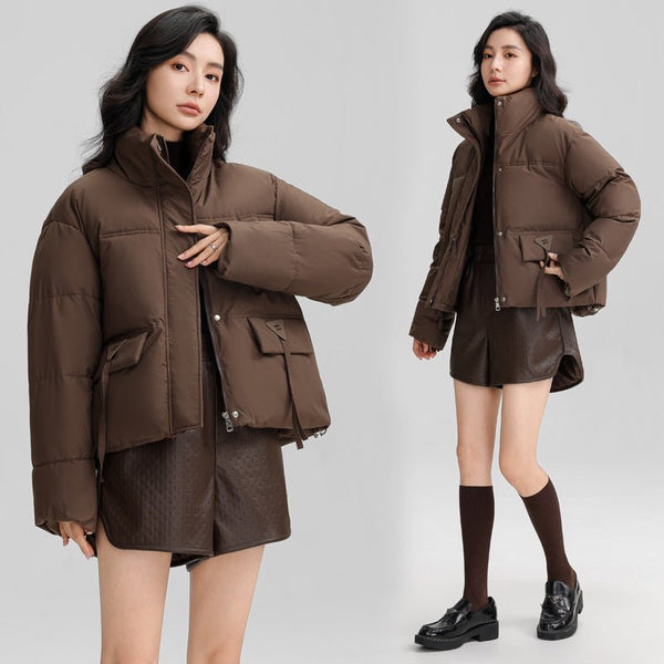 Short stand collar thickened puffer jacket for women